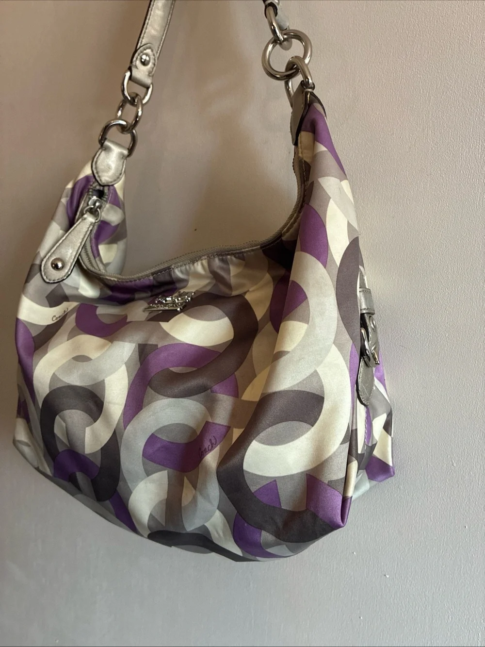 Authentic Coach-Madison Op-Art Sateen Hailey Hobo Bag Purp Gry Crm 14291 Y2K
